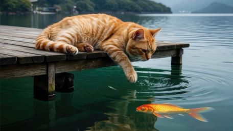 Curious Ginger Cat by the Dock wallpaper