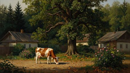 Idyllic Countryside Cow at the Cottage wallpaper