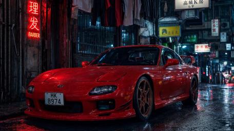 Neon Red RX7 in Rainy Street Glow wallpaper