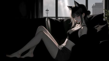 Moody Neko Girl in Sunlit Shadows wallpaper
