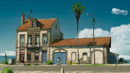 Sunlit Nostalgic Anime Village Street wallpaper
