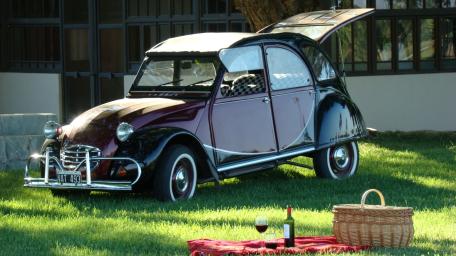 Vintage Citroen 2 CV Picnic Scene wallpaper