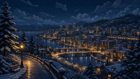 Winter Bay City Under Starlit Skies wallpaper