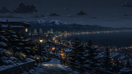 Snowy Bay Nightfall Panorama wallpaper