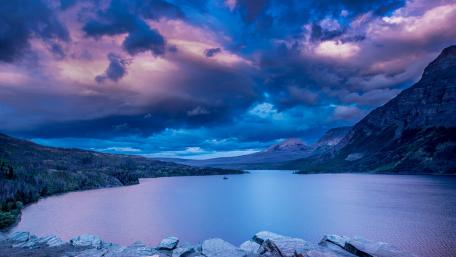 Blue Hour Lake Under Stormy Clouds wallpaper