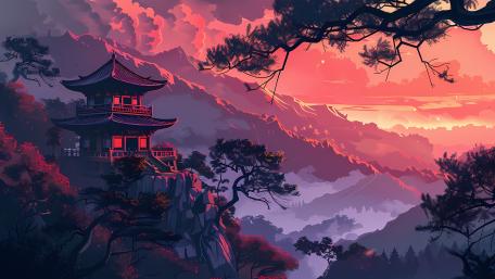 Sunset Temple Over Misty Anime Peaks wallpaper