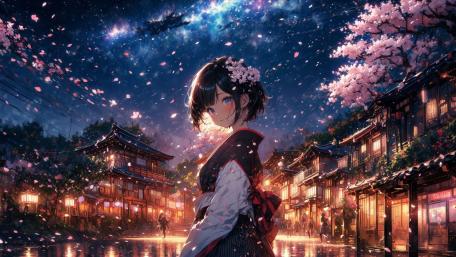 Moonlit Sakura Streets wallpaper