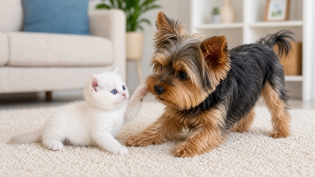 Playful Kitten and Yorkshire Terrier Friendship wallpaper