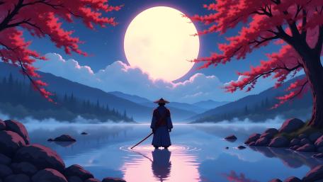 Moonlit Samurai at the Silent Lake wallpaper