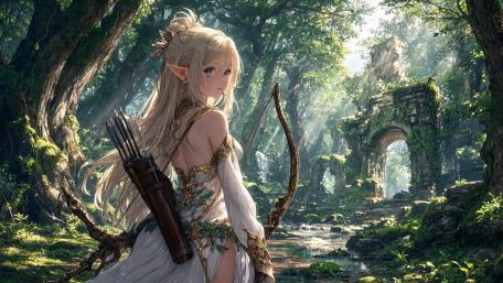 Ethereal Elf Guardian in the Sunlit Forest wallpaper
