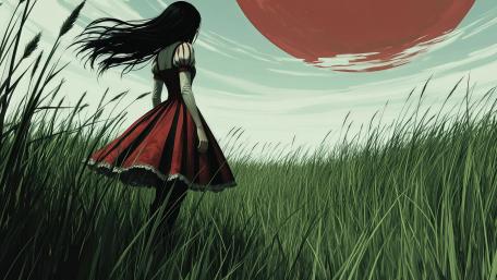 Windblown Girl in Crimson Field wallpaper