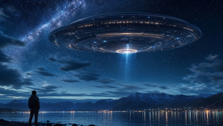 Mystic UFO Over Starry Night Lake wallpaper