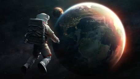 Astronaut Drifting Beside Earth in Deep Space wallpaper