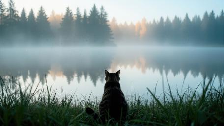 Misty Lakeside Cat Reflection wallpaper