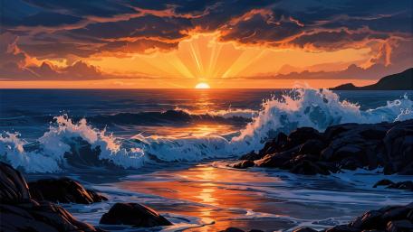 Anime Sunset Waves Over a Golden Coast wallpaper