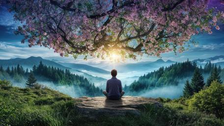 Serene Blossom Meditation Over Misty Mountains wallpaper