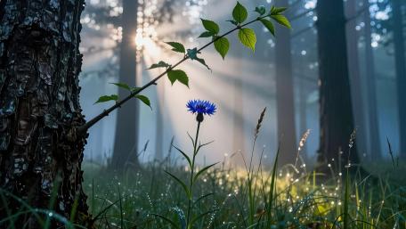 Sunrise Blue Bloom in Misty Forest wallpaper