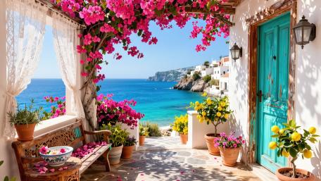 Sunlit Greek Terrace by the Sea wallpaper