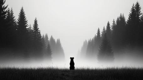 Lonely Dog in Misty Forest wallpaper