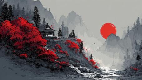Crimson Sun Over Silent Pagoda wallpaper