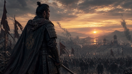 Lone Ronin at Sunset Over the Warfront wallpaper