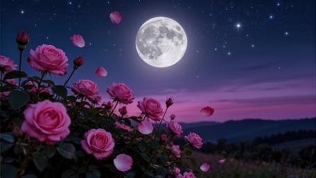 Moonlit Roses Under a Dreamy Twilight Sky wallpaper
