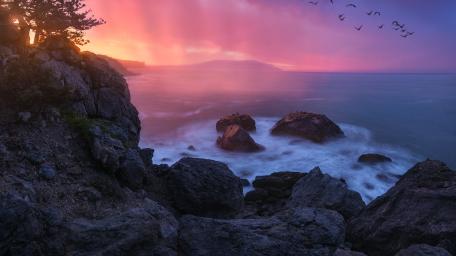 Pink Dusk Over Misty Shoreline wallpaper