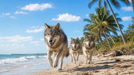 Tropical Wolf Pack Run on Sunny Shore wallpaper