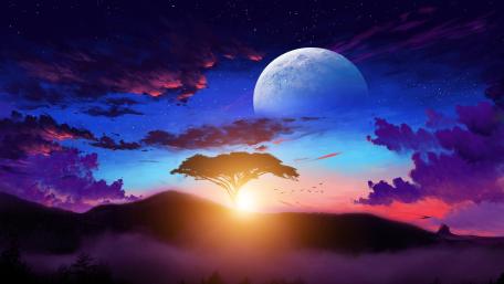 Moonlit Dreamscape Over Lonely Tree wallpaper