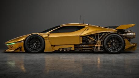 Gold Futuristic Supercar on Dark Studio Background wallpaper