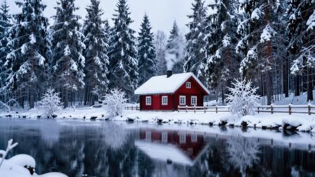 Winter Cabin by the Silent Lake wallpaper