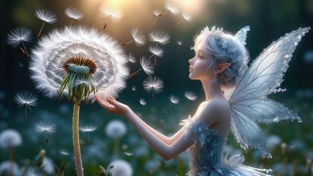 Moonlit Fairy Among Floating Dandelion Wishes wallpaper