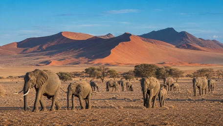 Elephants Crossing the Desert Plains wallpaper