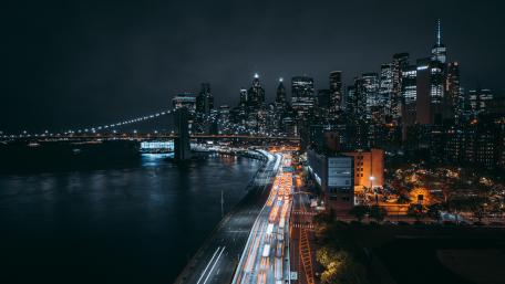Brooklyn Bridge Lights Over Manhattan Skyline wallpaper