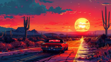 Maximalist Retro Vehicle at Sunset wallpaper