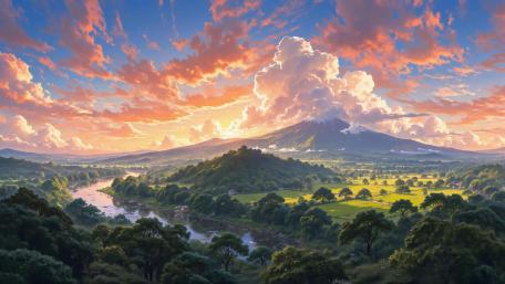 Sunlit River Valley at Dusk wallpaper