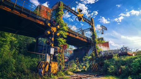 Abandoned Railway Bridge in a Post Apocalyptic Anime World wallpaper