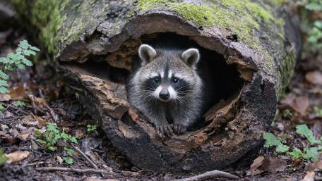 Adorable Baby Raccoon Peeking From Forest Hollow wallpaper