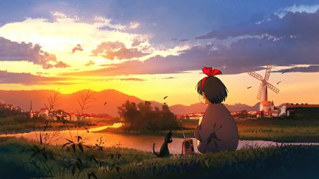 Sunset Whispers by the Windmill wallpaper