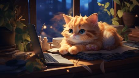 Moonlit Ginger Cat at Cozy Desk wallpaper
