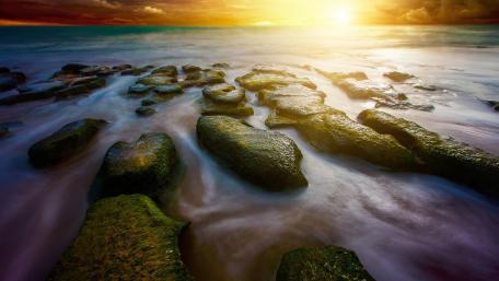 Golden Sunset Over Mossy Stones wallpaper