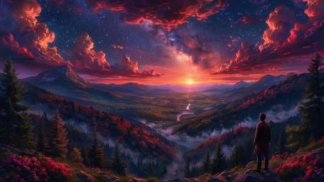 Celestial Dawn Over the Enchanted Valley wallpaper
