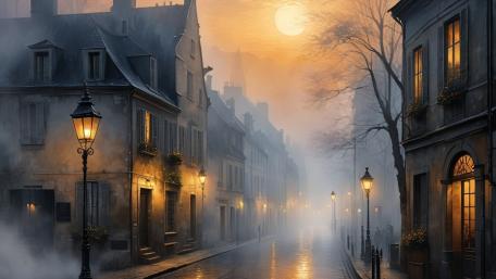 Foggy Old Town Street at Sunset wallpaper