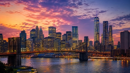 Brooklyn Bridge Sunset Over Manhattan Skyline wallpaper