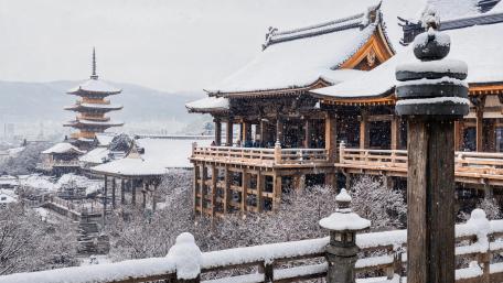 Snowy Temple Serenity Over Ancient City wallpaper