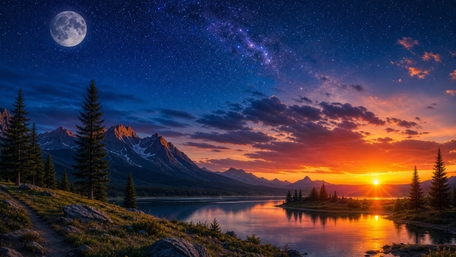 Moonlit Sunset Over Enchanted Lake wallpaper
