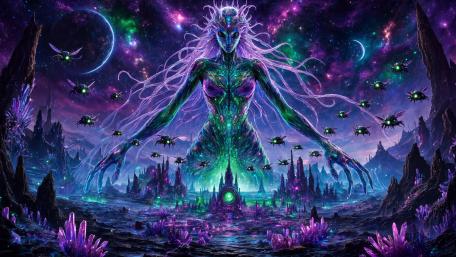 Alien Hive Queen Rising Over Cosmic World wallpaper