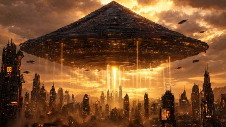 Pyramid Mothership Over Sunset City wallpaper