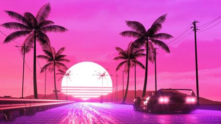 Retrowave Sunset Cruise Palm Trees & Neon Dreams wallpaper