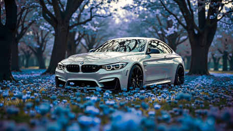 Elegant BMW M4 in Blooming Blue Forest wallpaper